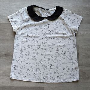 Cute Bird Cap-Sleeve Collared Blouse